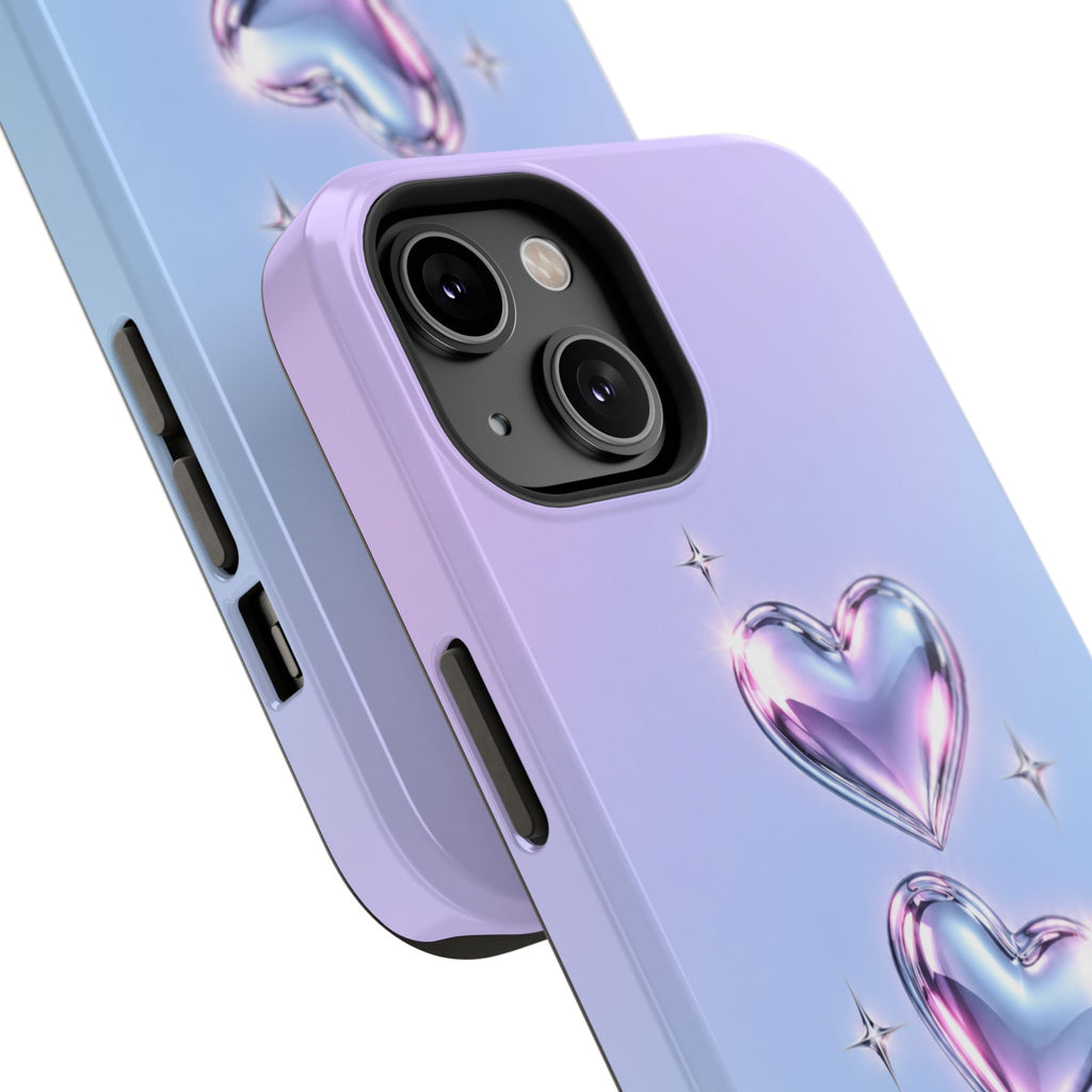 Impact-Resistant Phone Case with Iridescent Heart Design