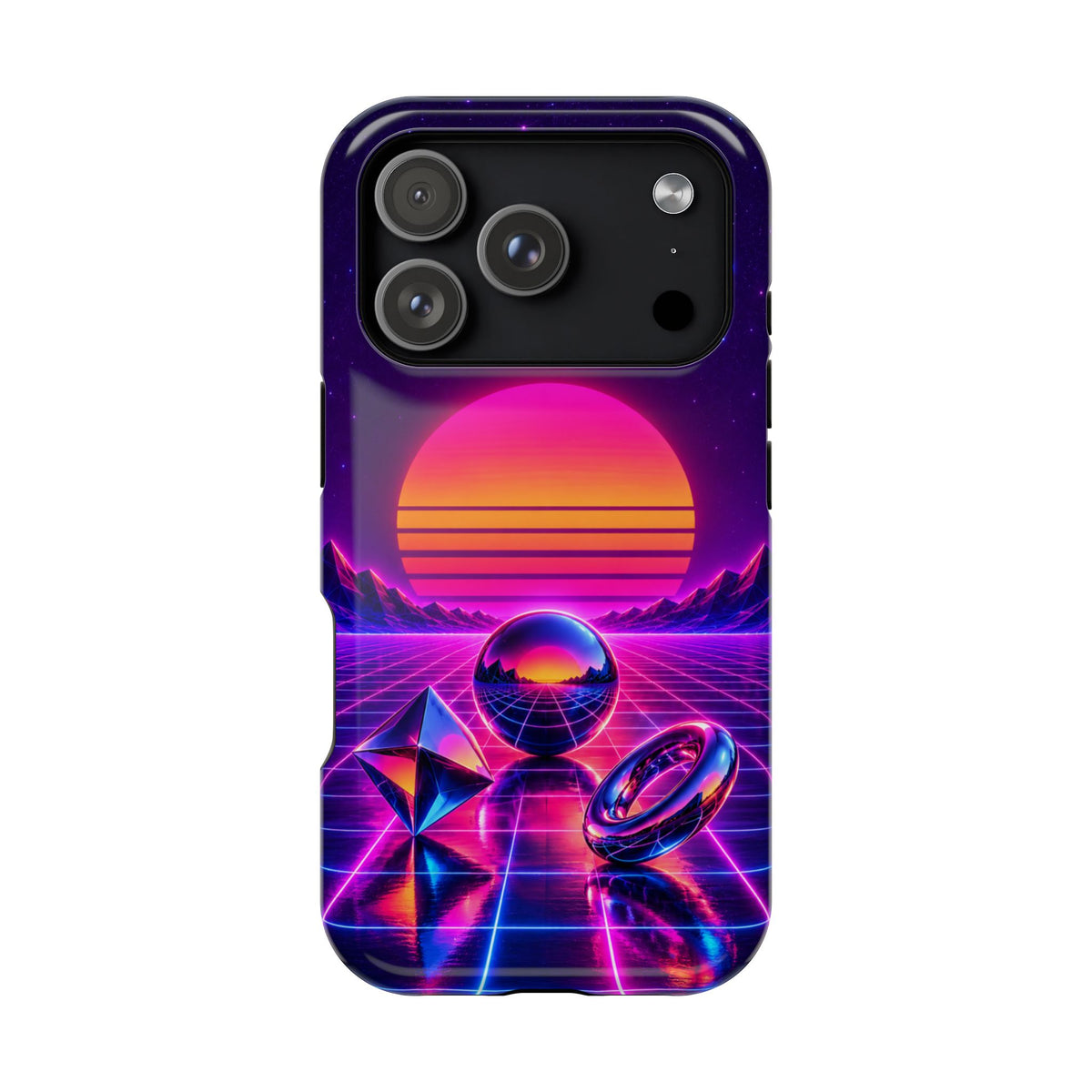 Impact-Resistant Phone Case – Neon Synthwave Sunset Geometric Design