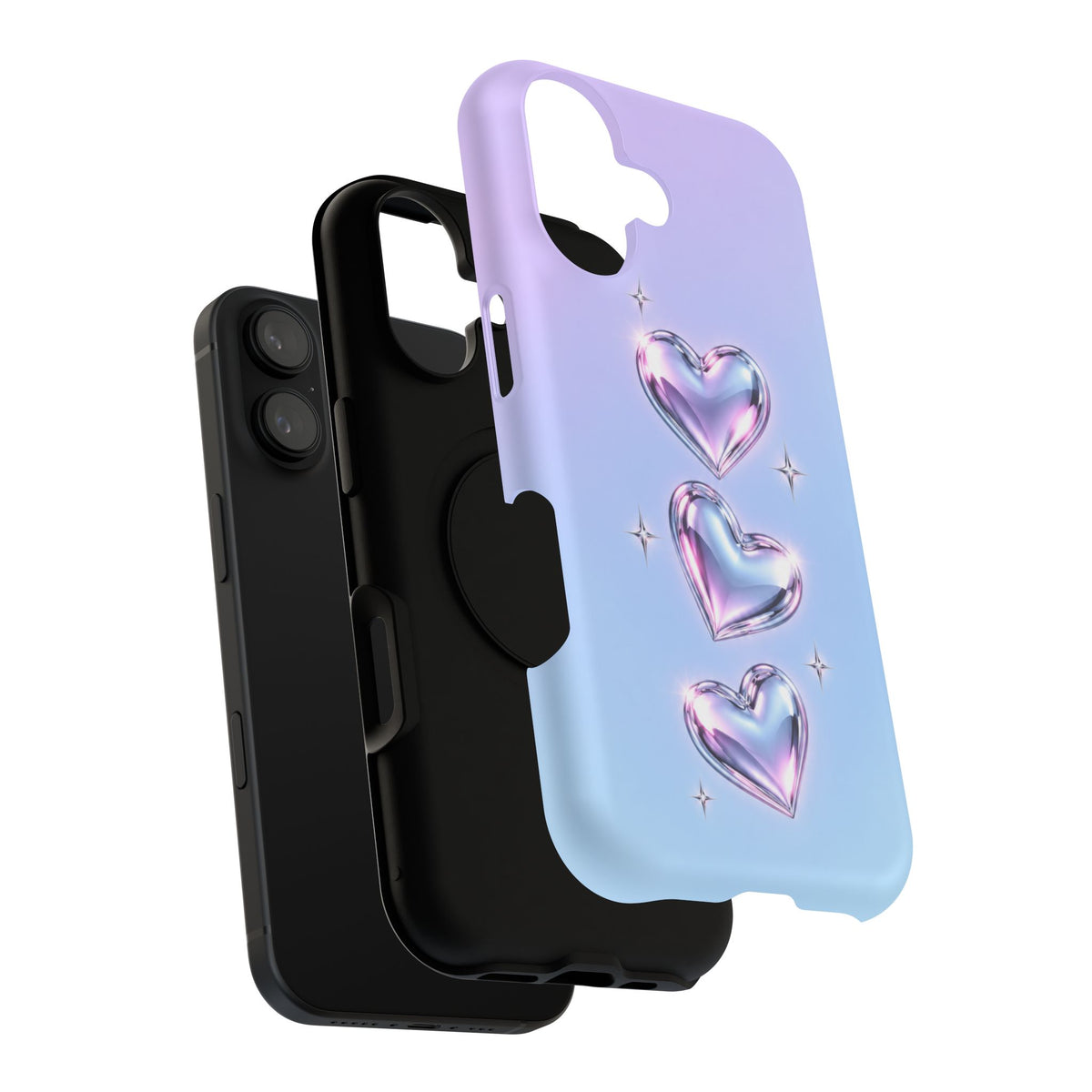 Impact-Resistant Phone Case with Iridescent Heart Design