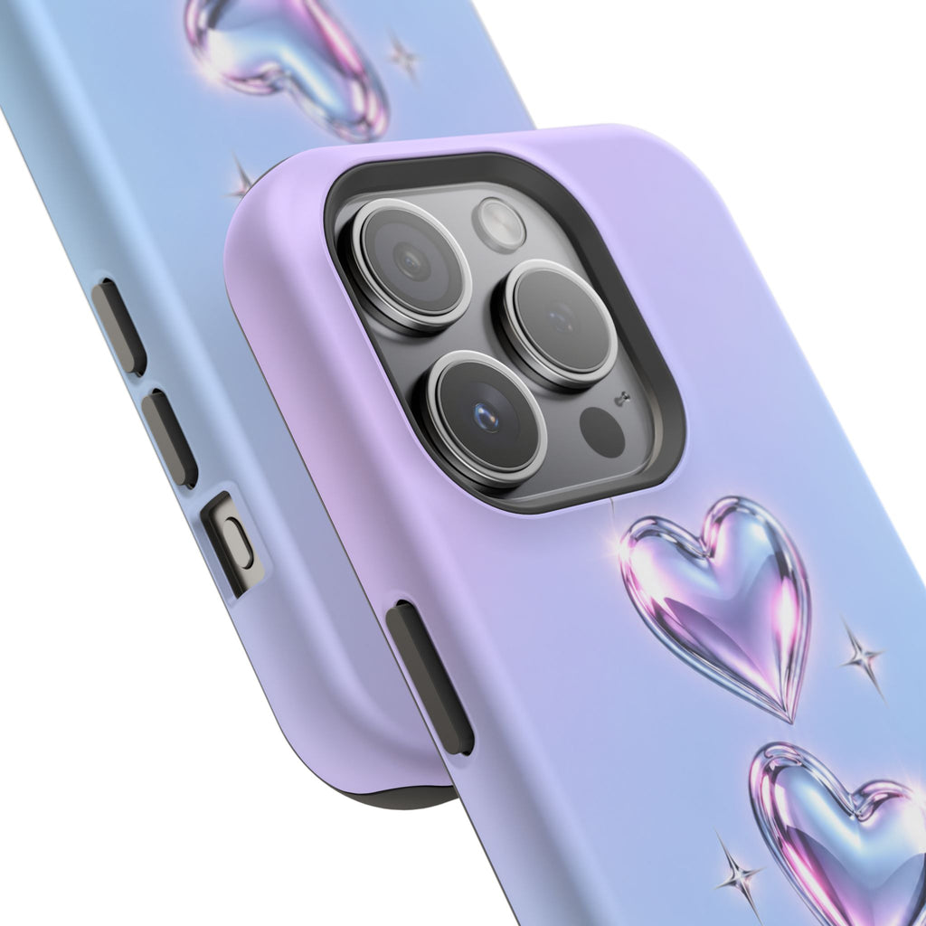 Impact-Resistant Phone Case with Iridescent Heart Design