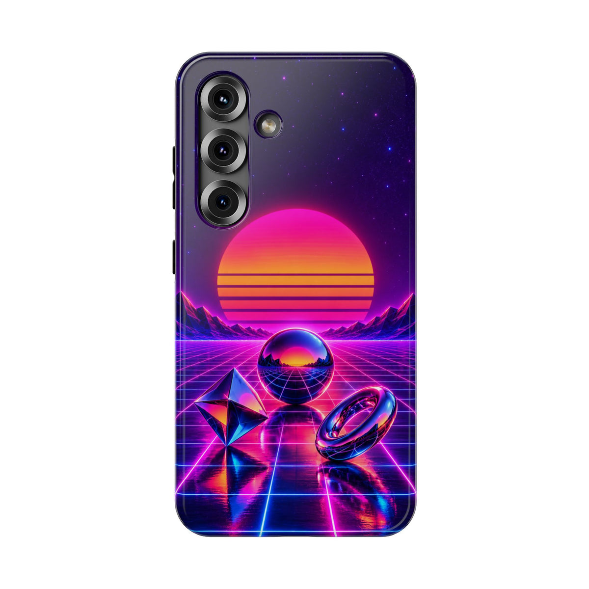 Impact-Resistant Phone Case – Neon Synthwave Sunset Geometric Design