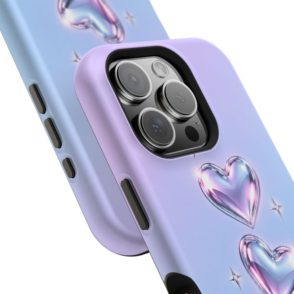 Impact-Resistant Phone Case with Iridescent Heart Design