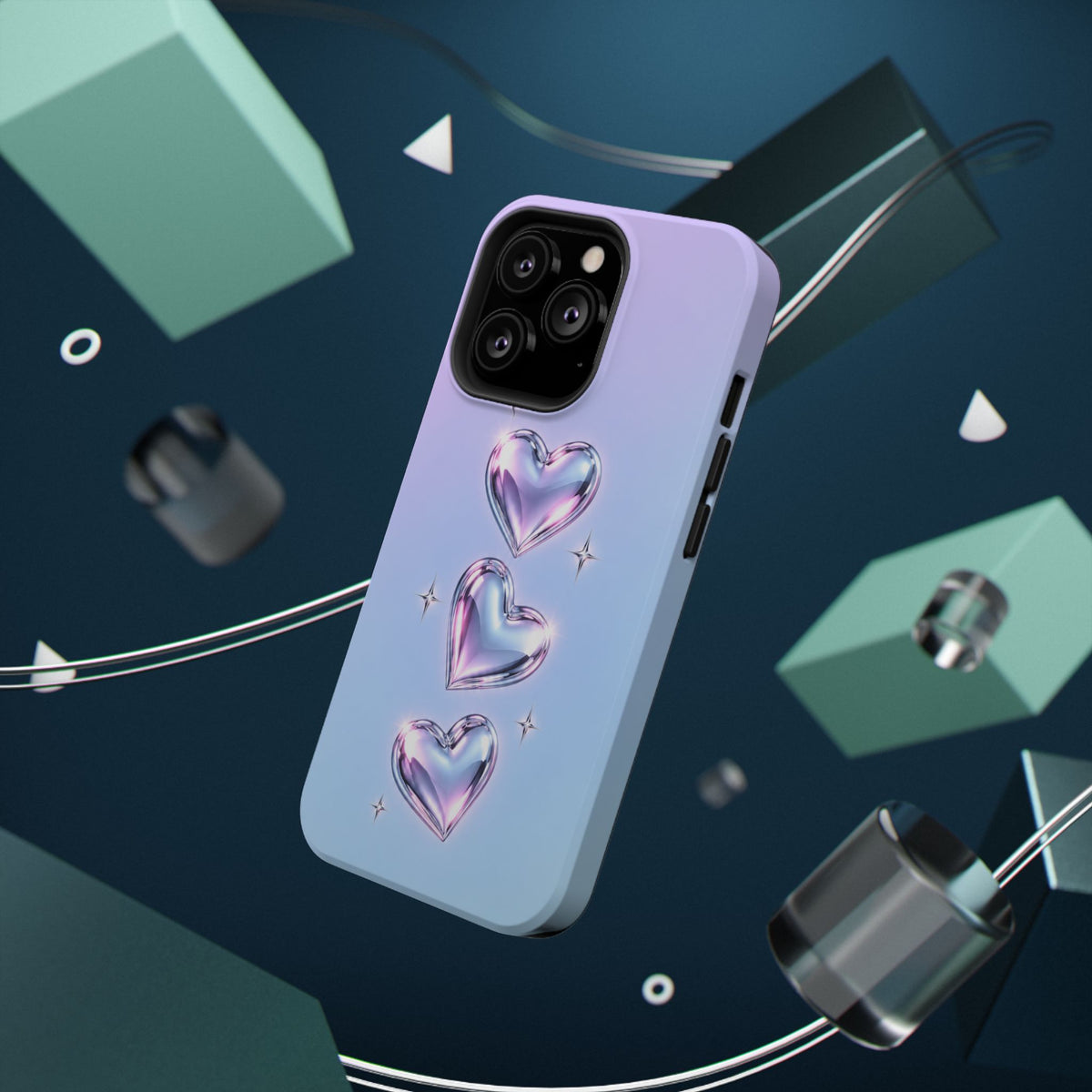 Impact-Resistant Phone Case with Iridescent Heart Design