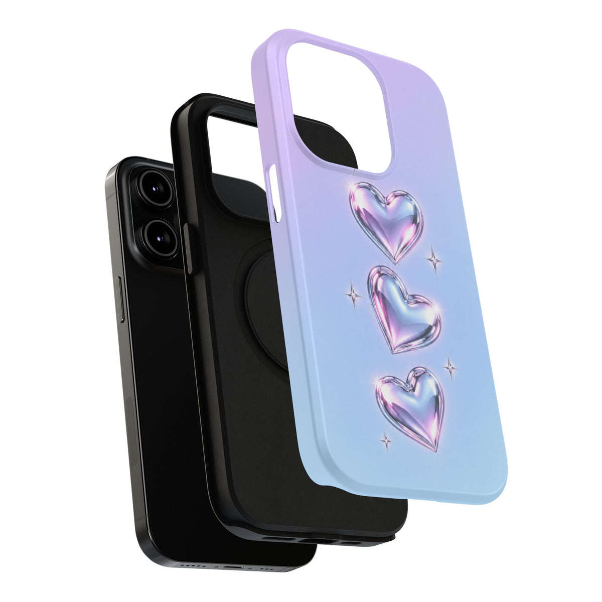 Impact-Resistant Phone Case with Iridescent Heart Design