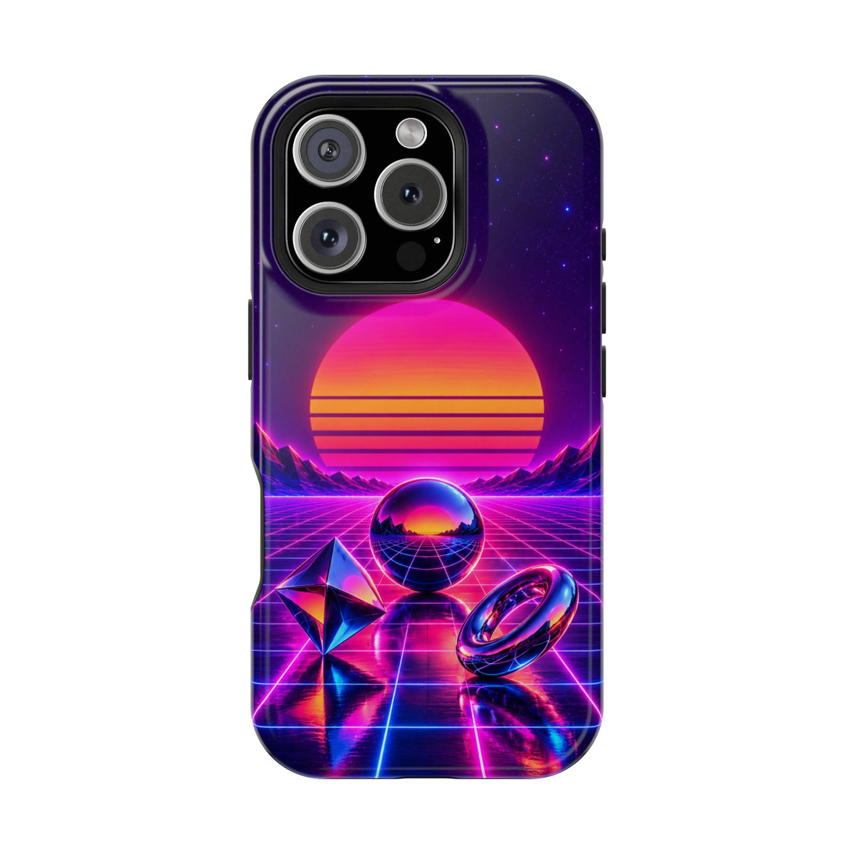Impact-Resistant Phone Case – Neon Synthwave Sunset Geometric Design