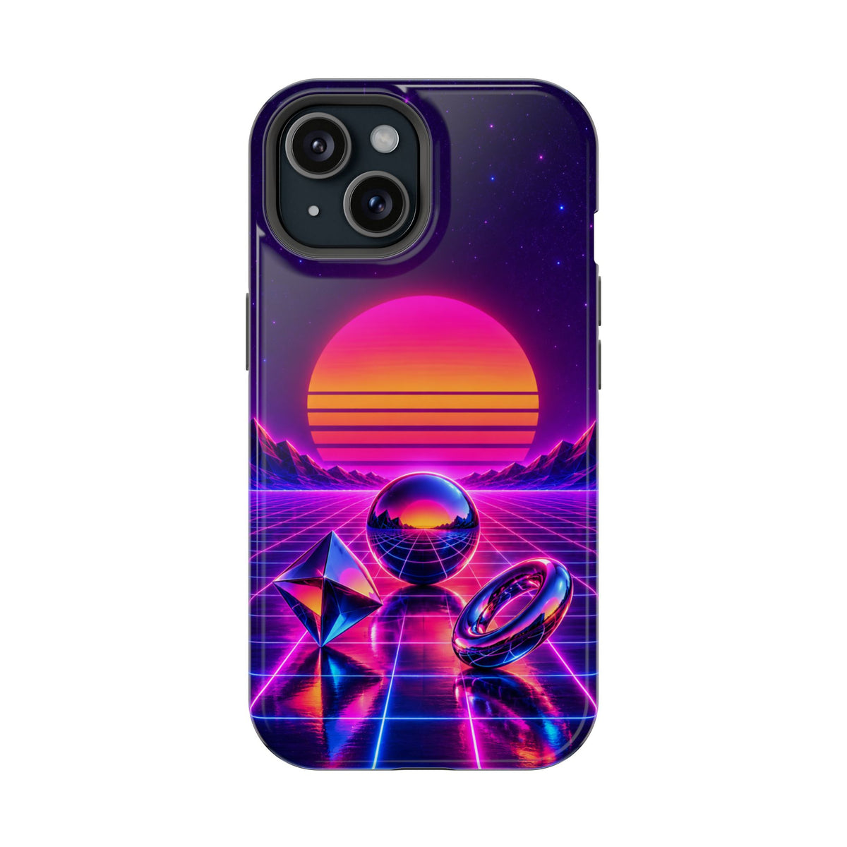Impact-Resistant Phone Case – Neon Synthwave Sunset Geometric Design