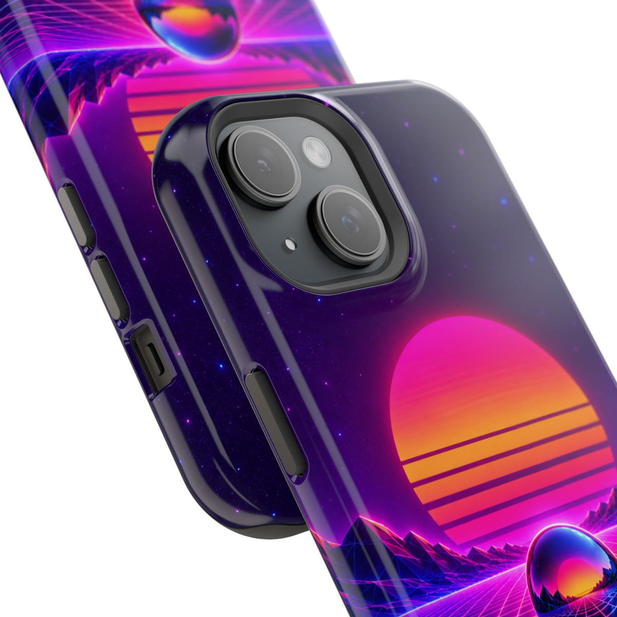 Impact-Resistant Phone Case – Neon Synthwave Sunset Geometric Design