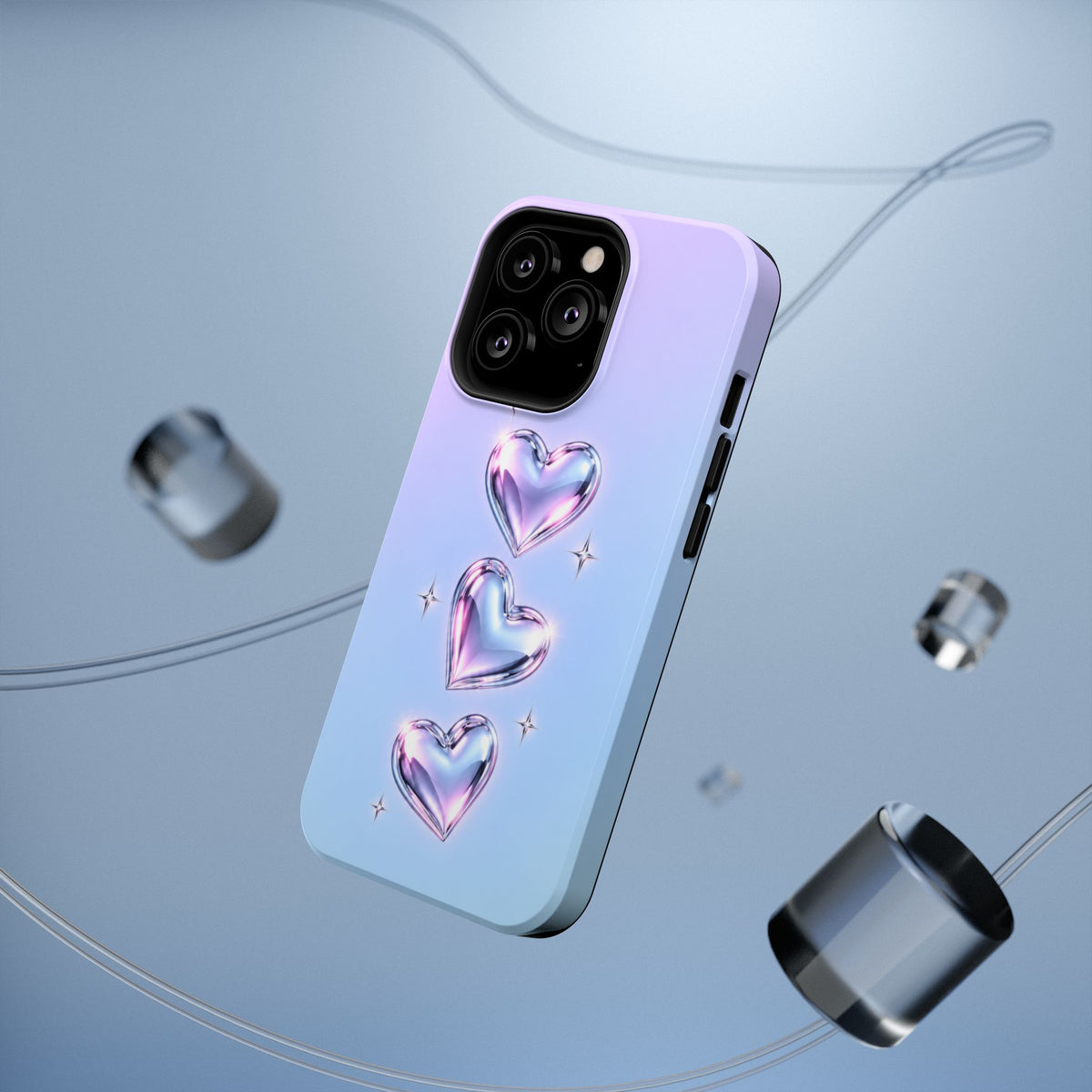 Impact-Resistant Phone Case with Iridescent Heart Design