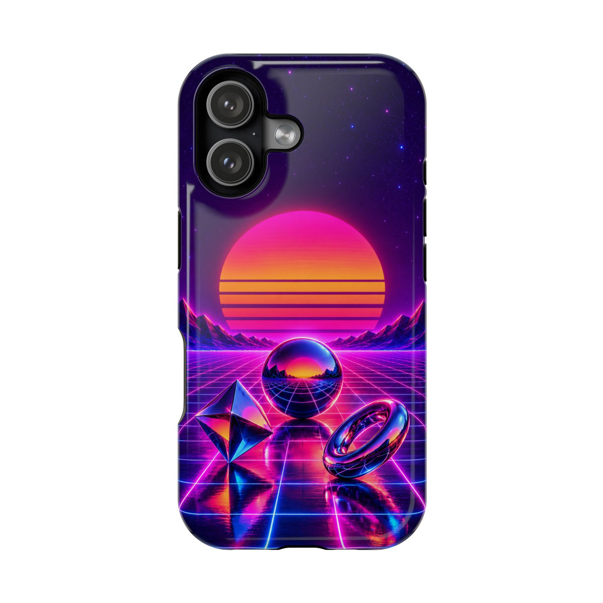 Impact-Resistant Phone Case – Neon Synthwave Sunset Geometric Design