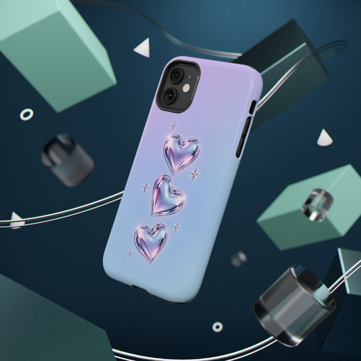 Impact-Resistant Phone Case with Iridescent Heart Design