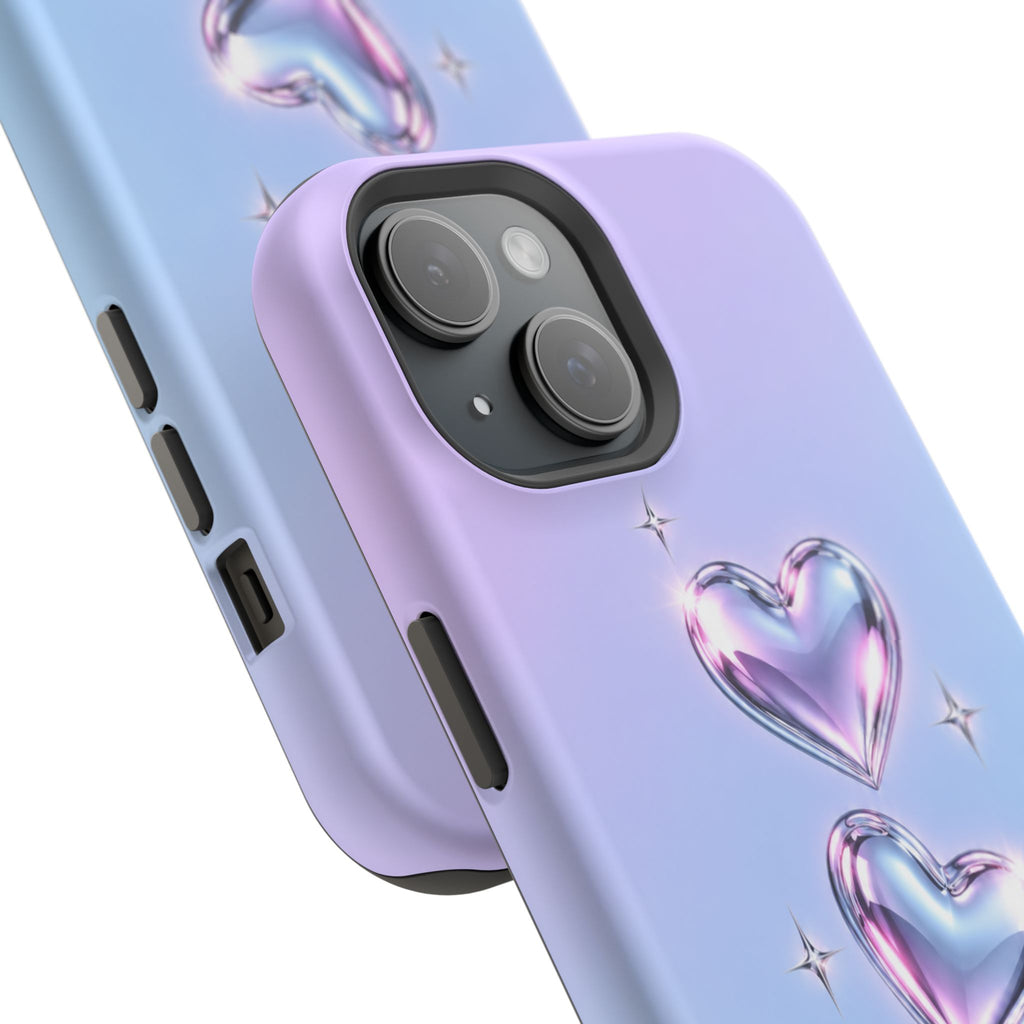 Impact-Resistant Phone Case with Iridescent Heart Design
