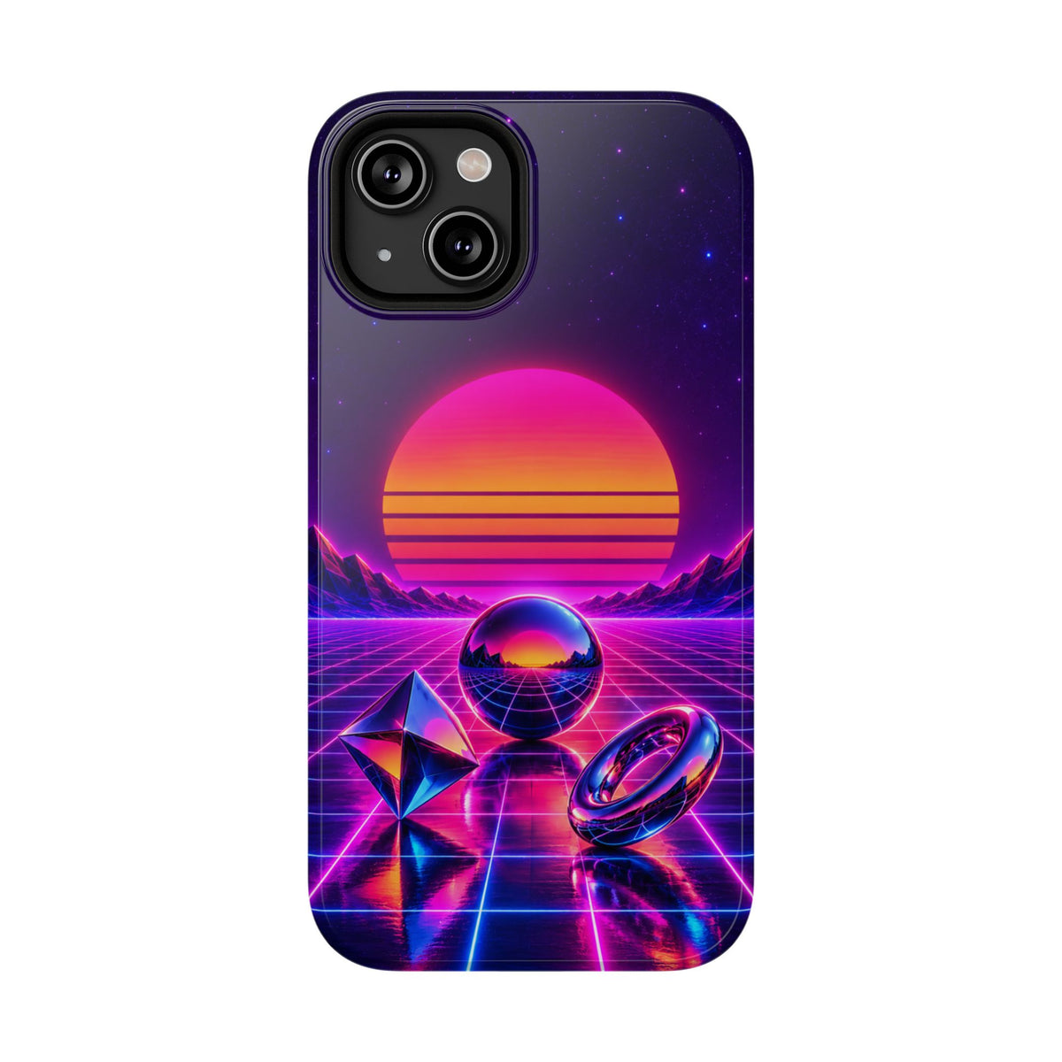 Impact-Resistant Phone Case – Neon Synthwave Sunset Geometric Design