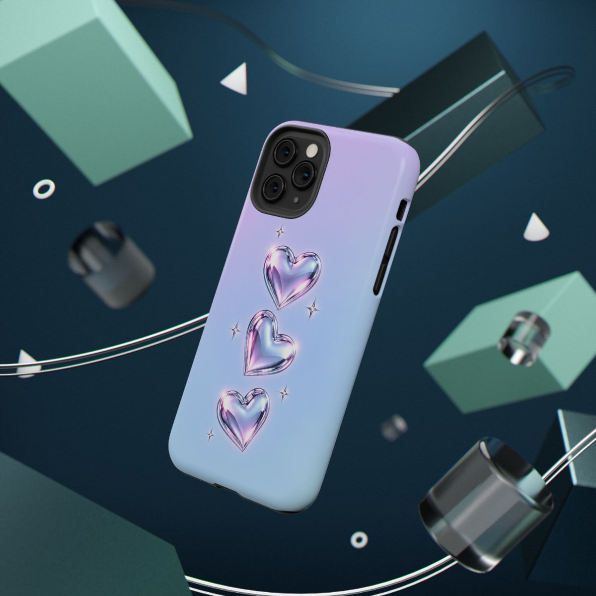 Impact-Resistant Phone Case with Iridescent Heart Design