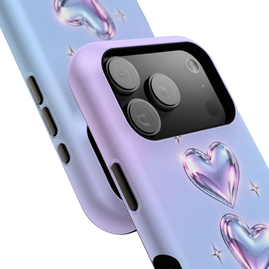 Impact-Resistant Phone Case with Iridescent Heart Design