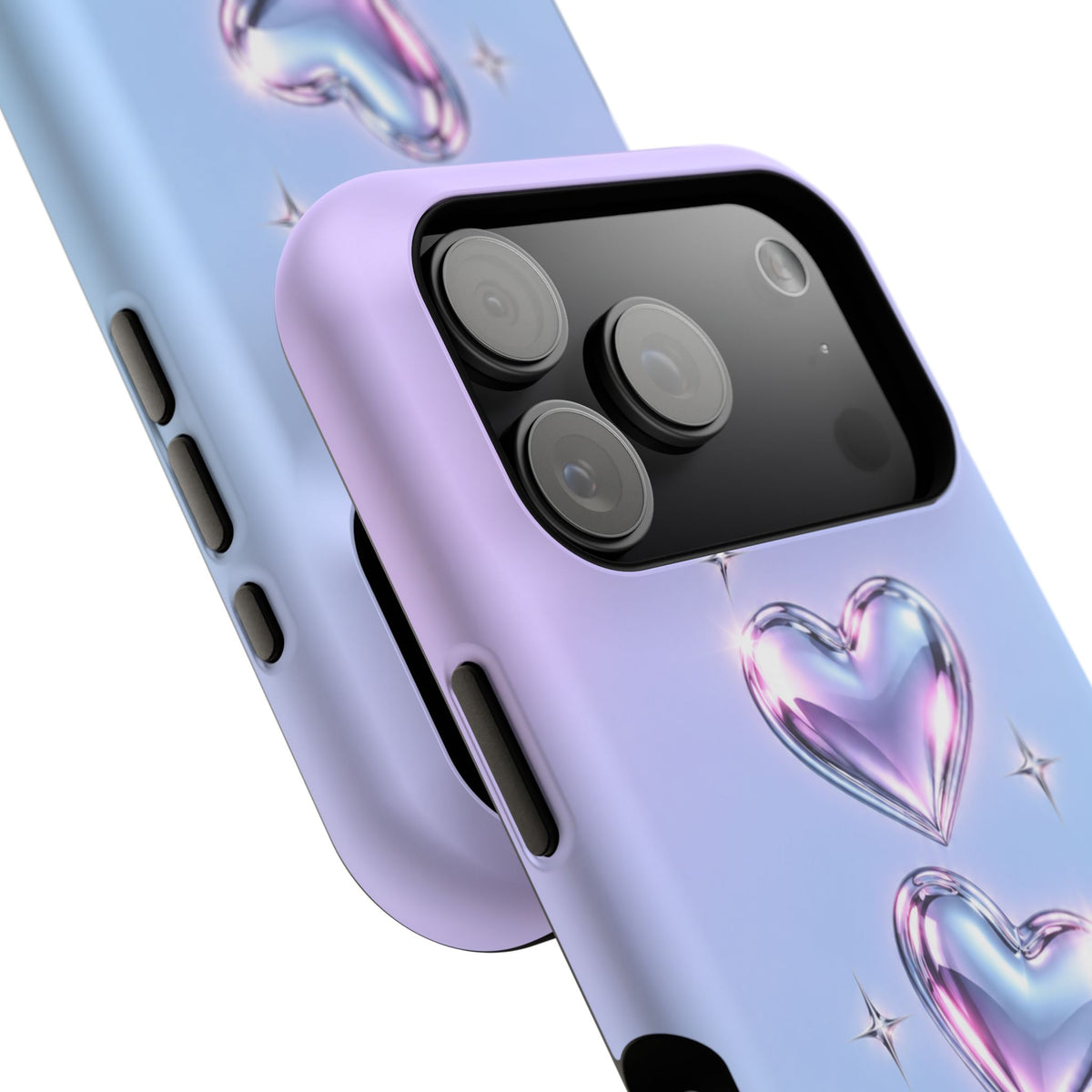Impact-Resistant Phone Case with Iridescent Heart Design