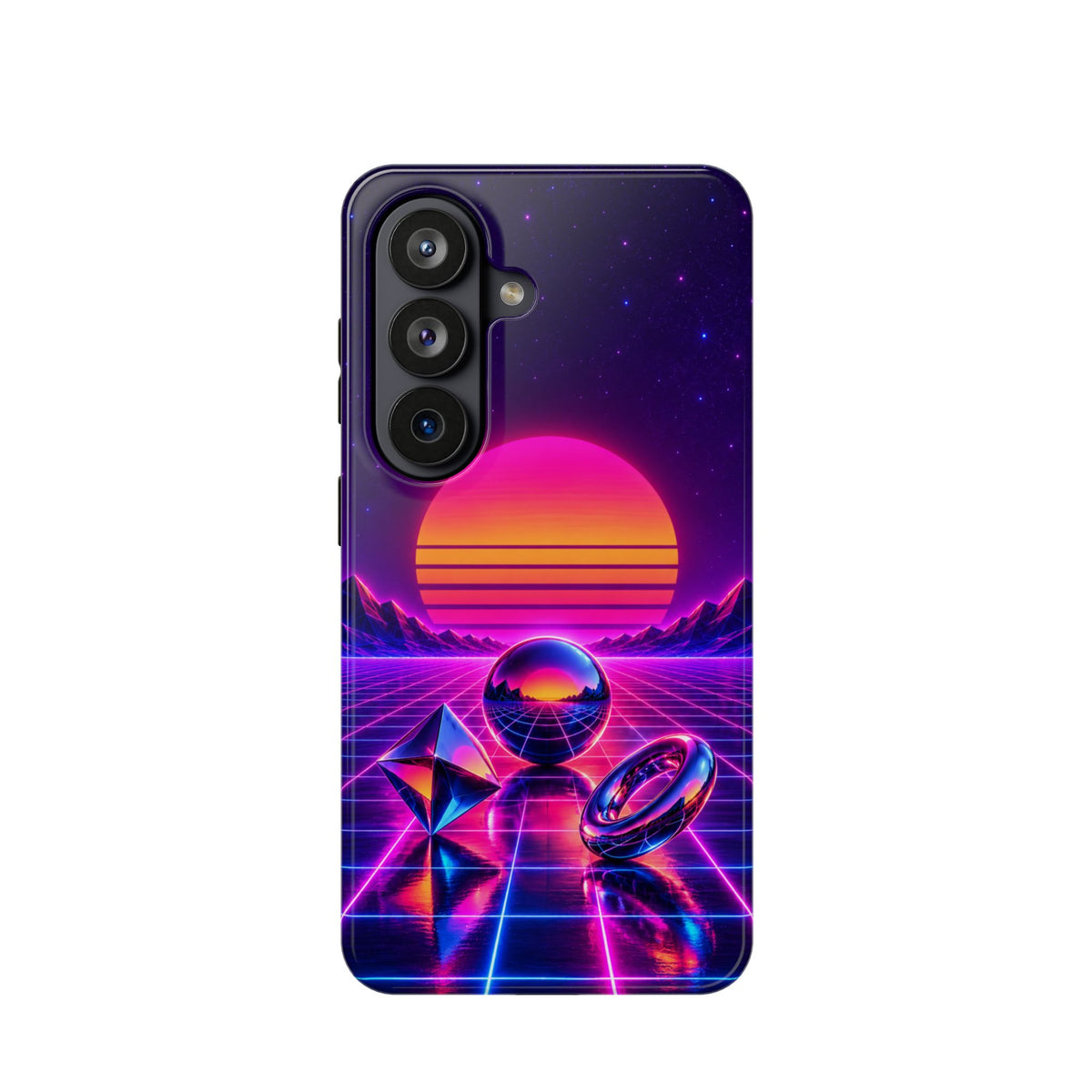 Impact-Resistant Phone Case – Neon Synthwave Sunset Geometric Design
