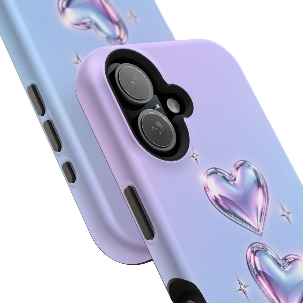 Impact-Resistant Phone Case with Iridescent Heart Design