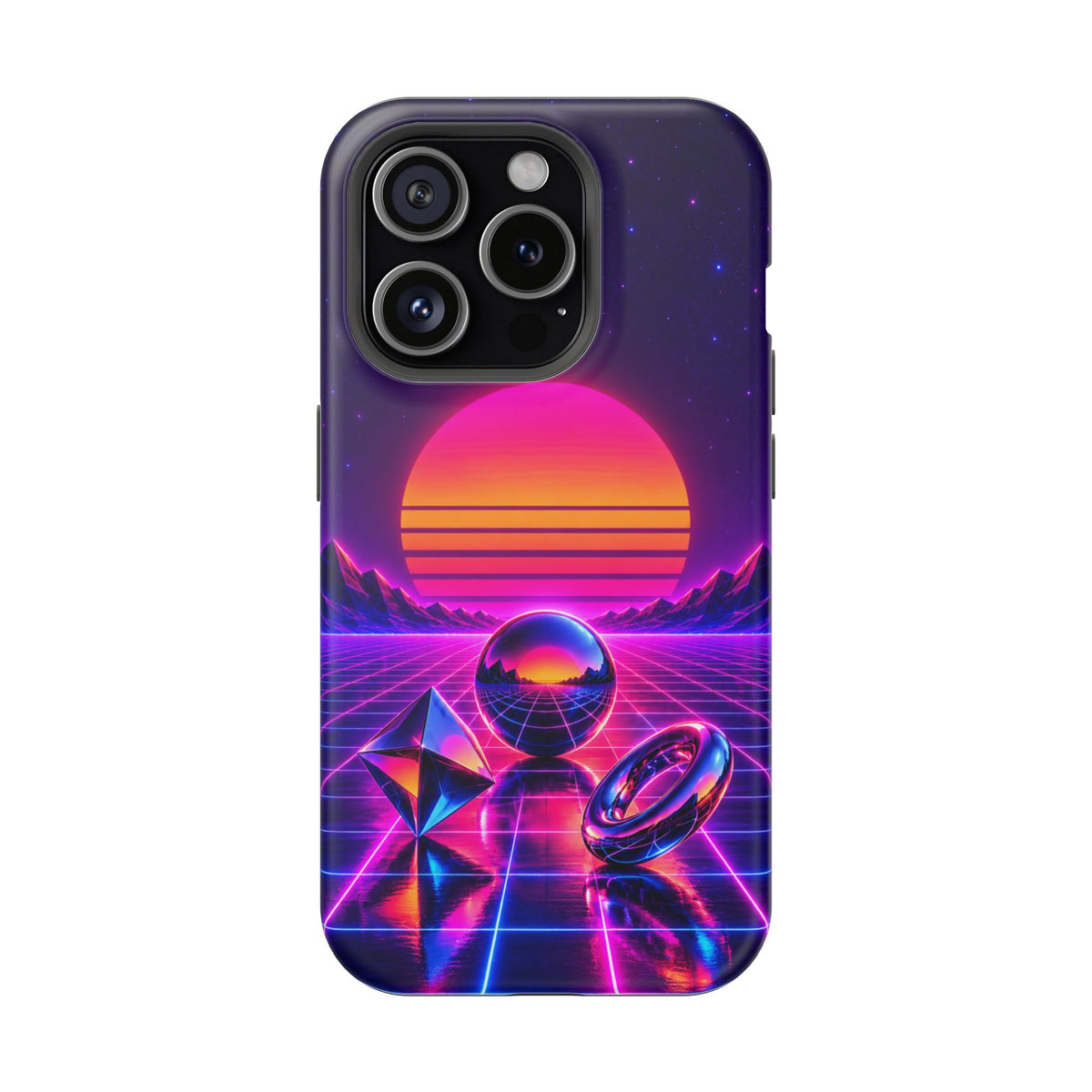Impact-Resistant Phone Case – Neon Synthwave Sunset Geometric Design