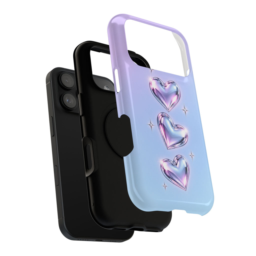 Impact-Resistant Phone Case with Iridescent Heart Design