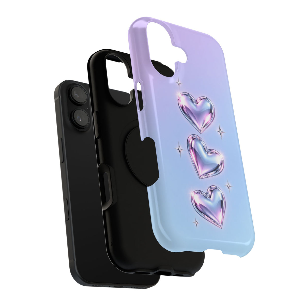 Impact-Resistant Phone Case with Iridescent Heart Design