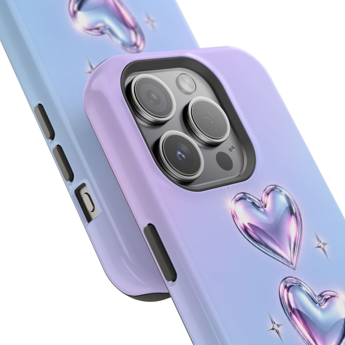 Impact-Resistant Phone Case with Iridescent Heart Design
