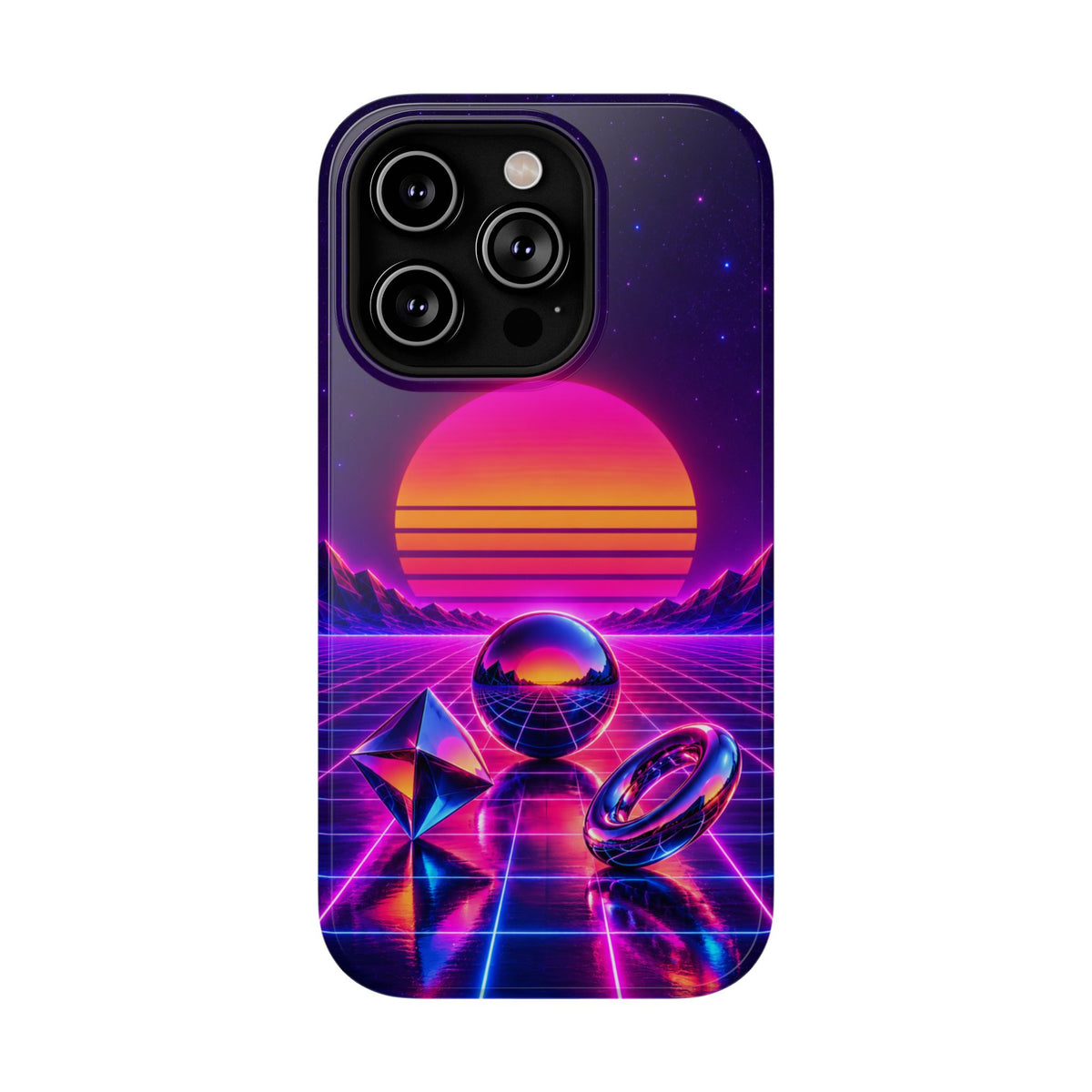 Impact-Resistant Phone Case – Neon Synthwave Sunset Geometric Design