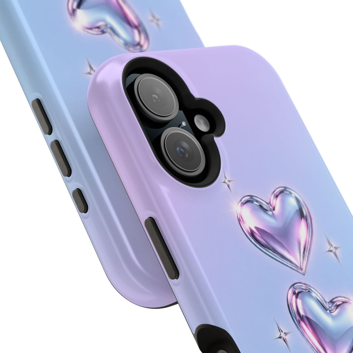 Impact-Resistant Phone Case with Iridescent Heart Design