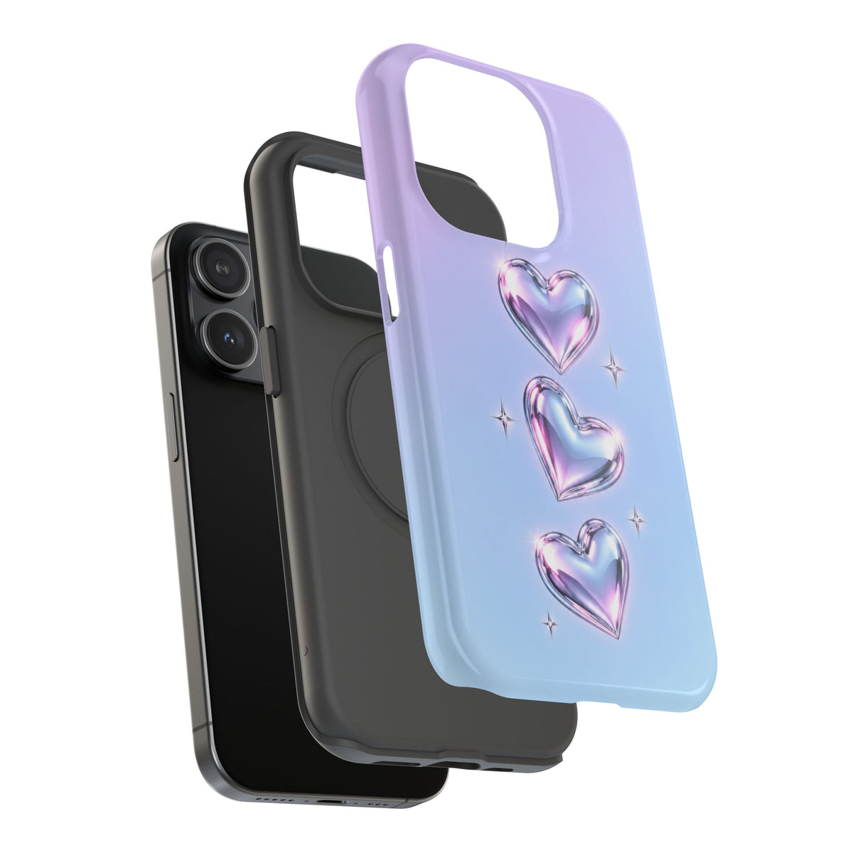 Impact-Resistant Phone Case with Iridescent Heart Design