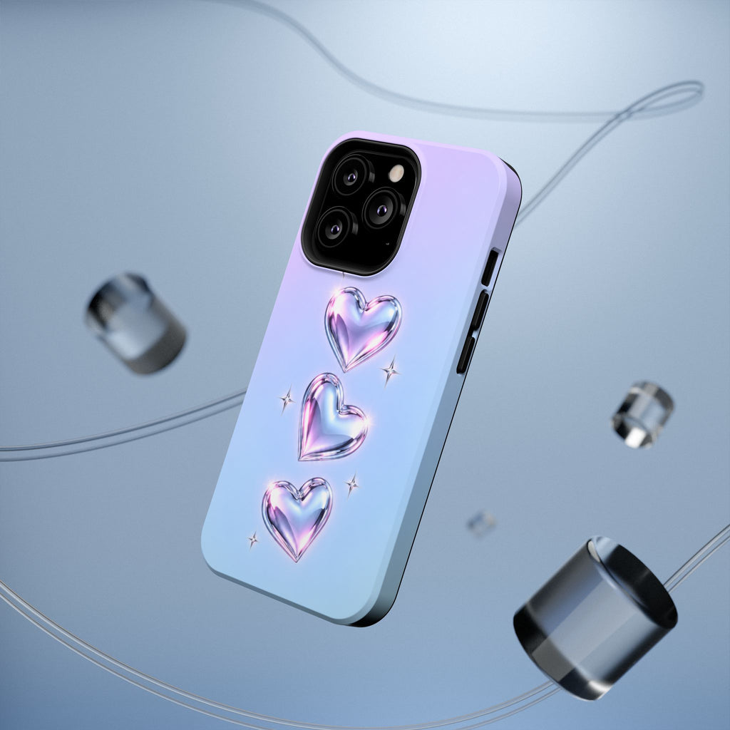 Impact-Resistant Phone Case with Iridescent Heart Design