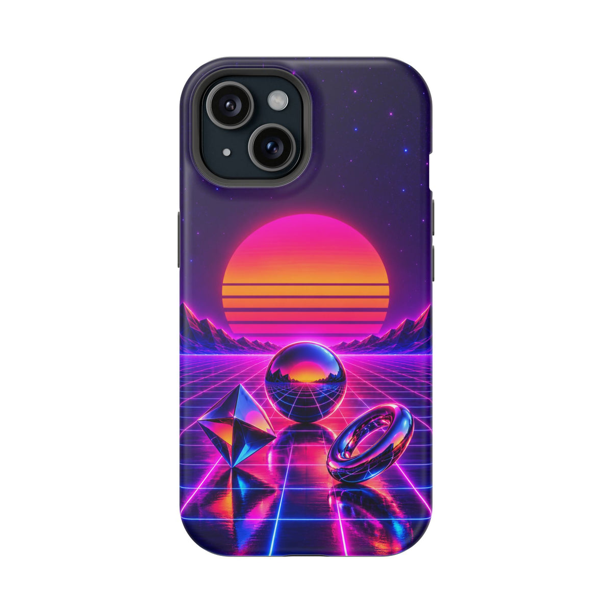 Impact-Resistant Phone Case – Neon Synthwave Sunset Geometric Design