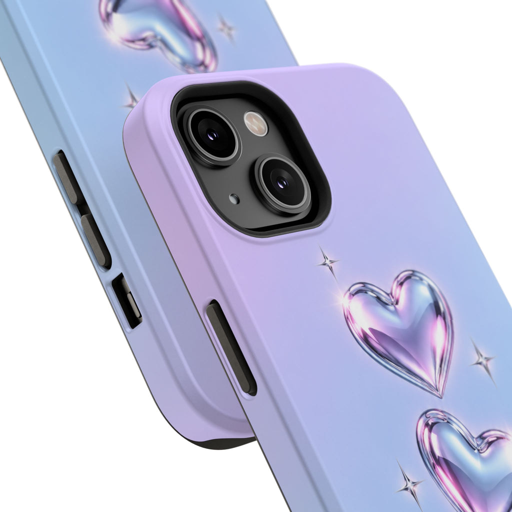 Impact-Resistant Phone Case with Iridescent Heart Design