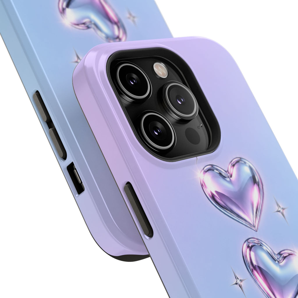 Impact-Resistant Phone Case with Iridescent Heart Design