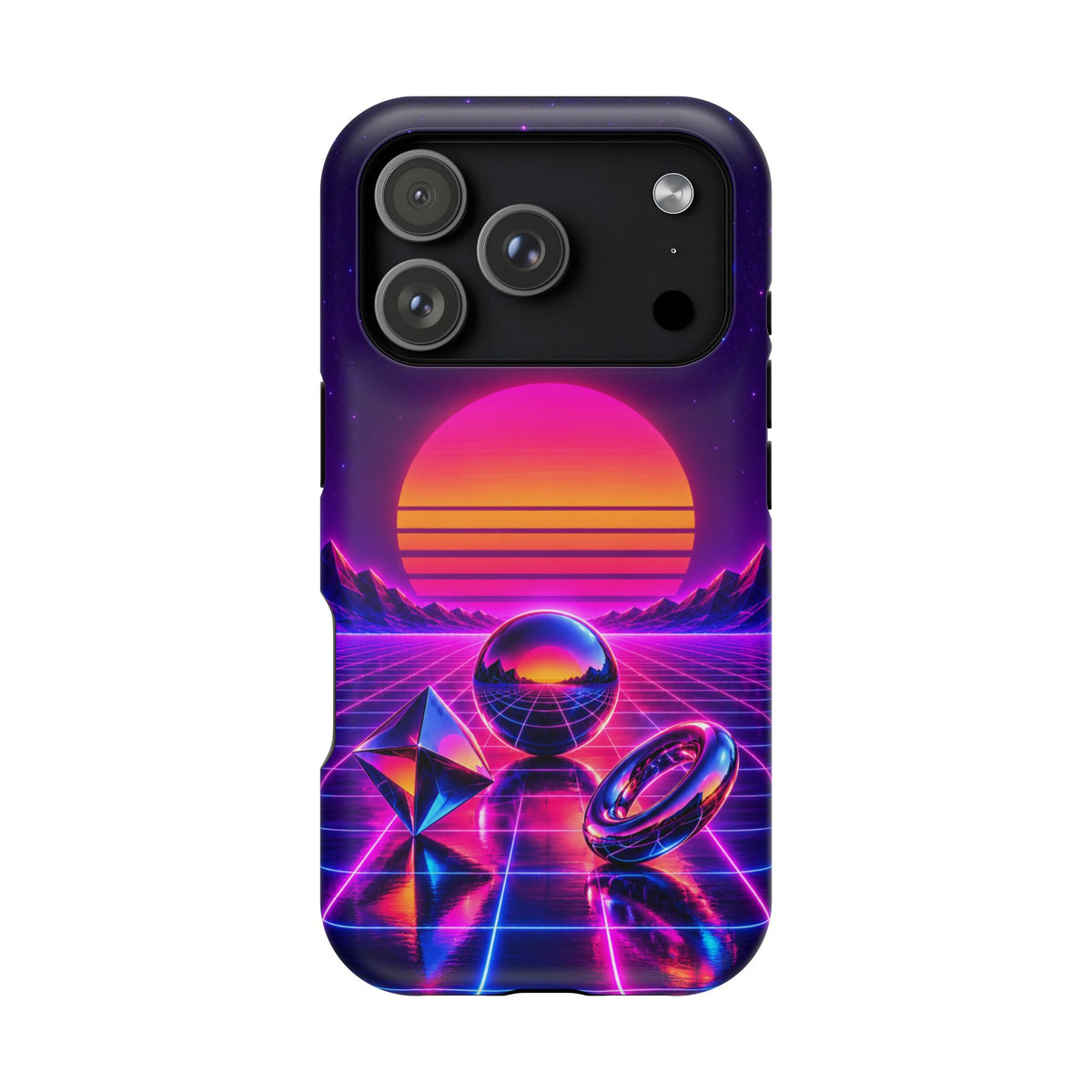 Impact-Resistant Phone Case – Neon Synthwave Sunset Geometric Design