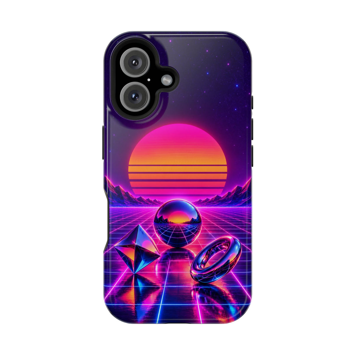 Impact-Resistant Phone Case – Neon Synthwave Sunset Geometric Design