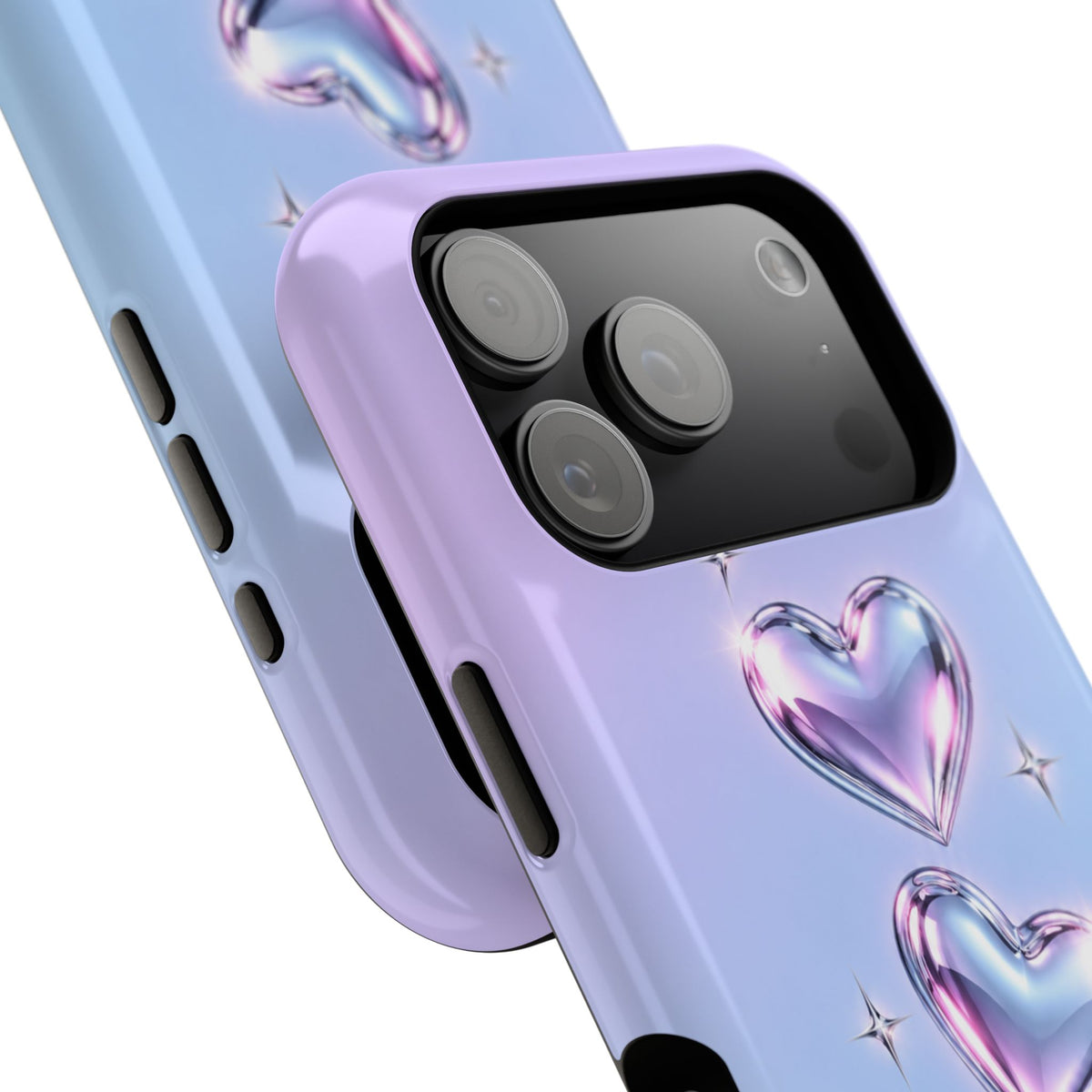 Impact-Resistant Phone Case with Iridescent Heart Design