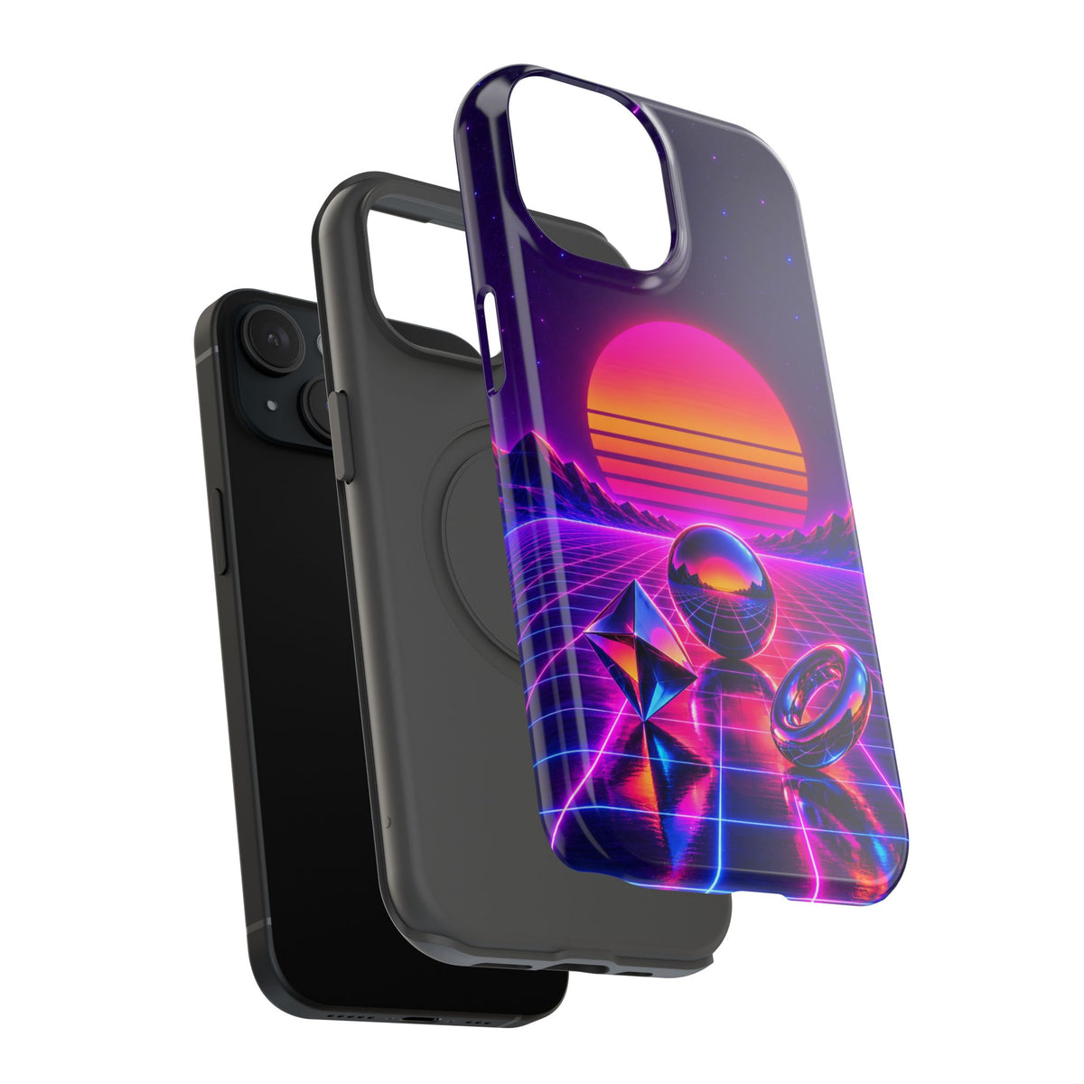 Impact-Resistant Phone Case – Neon Synthwave Sunset Geometric Design