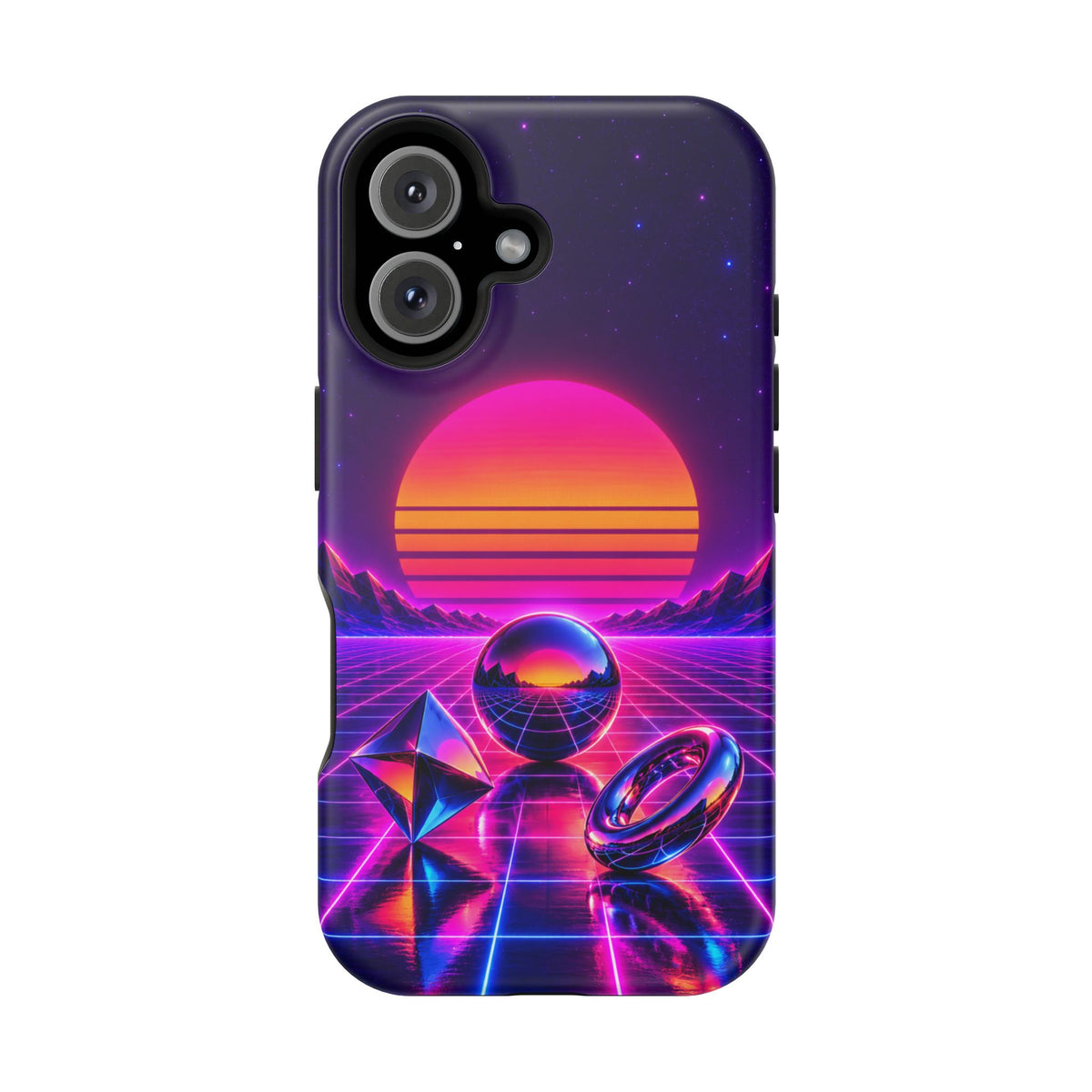 Impact-Resistant Phone Case – Neon Synthwave Sunset Geometric Design