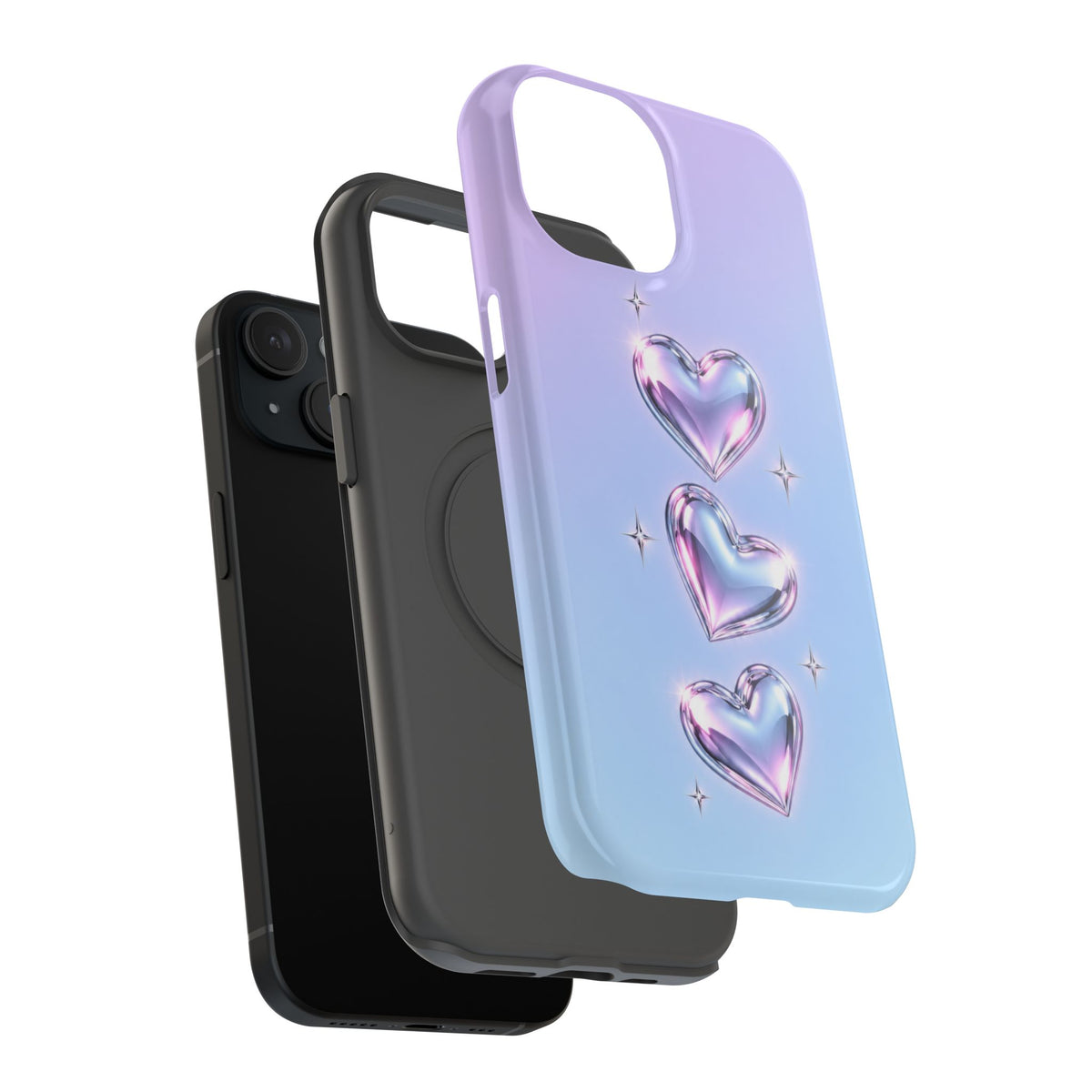 Impact-Resistant Phone Case with Iridescent Heart Design