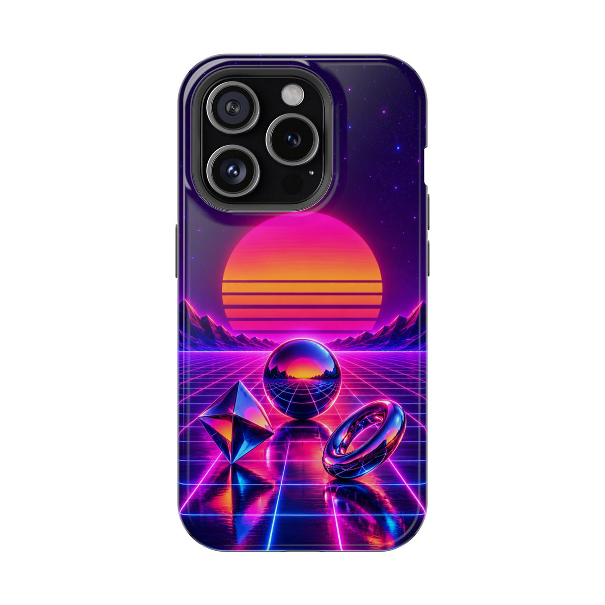 Impact-Resistant Phone Case – Neon Synthwave Sunset Geometric Design