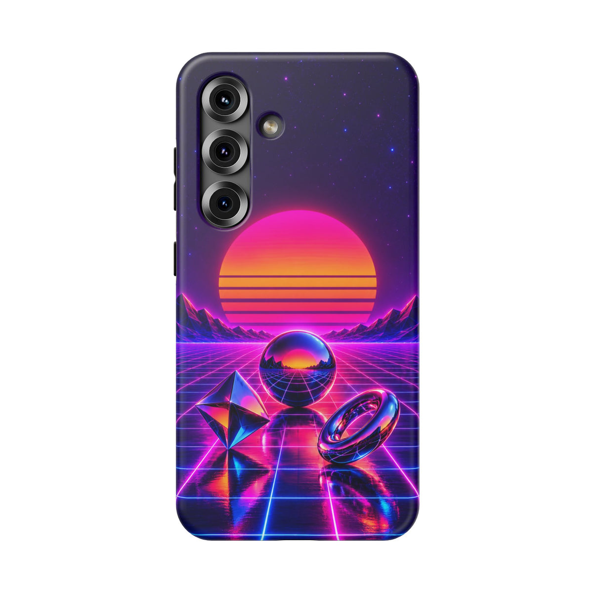 Impact-Resistant Phone Case – Neon Synthwave Sunset Geometric Design