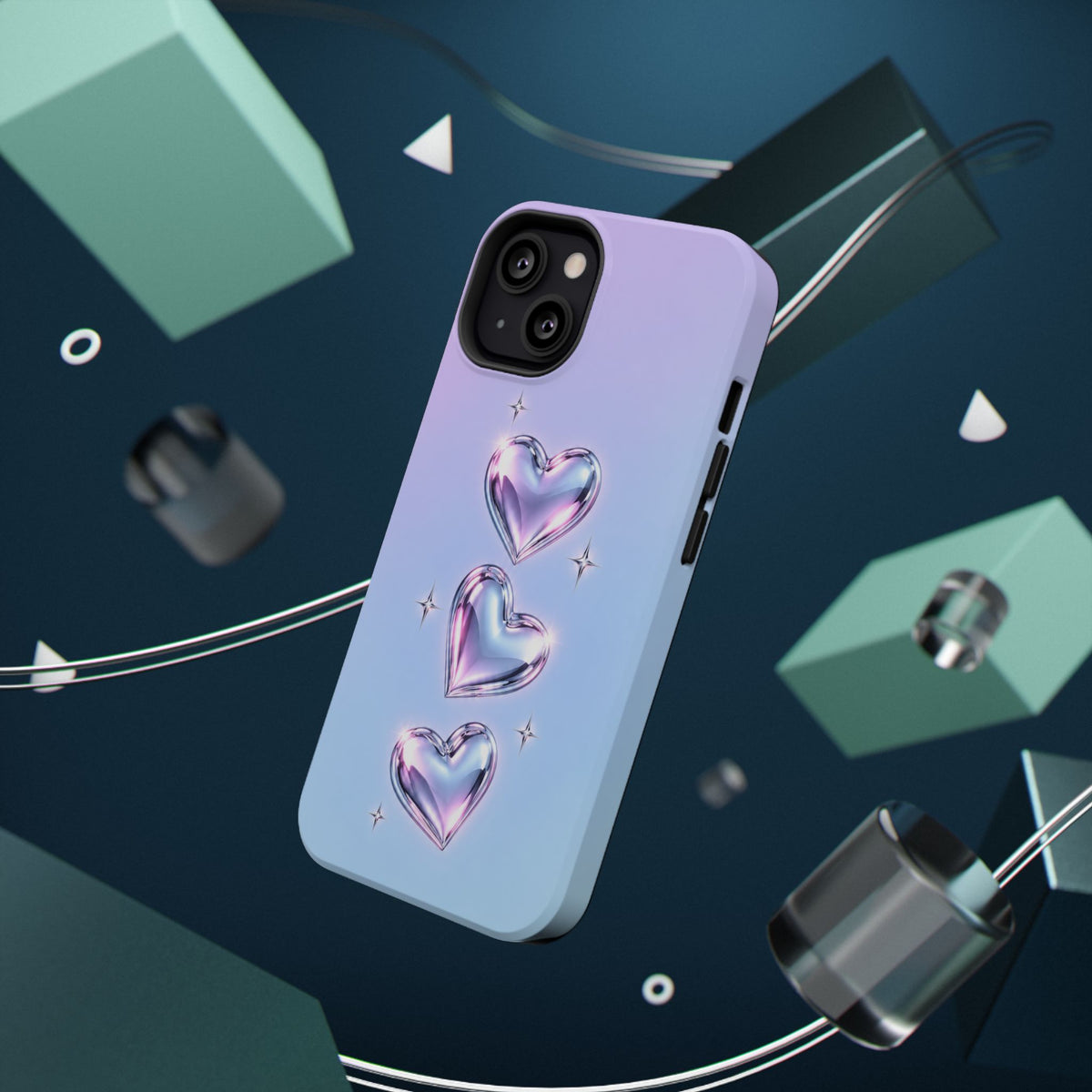 Impact-Resistant Phone Case with Iridescent Heart Design