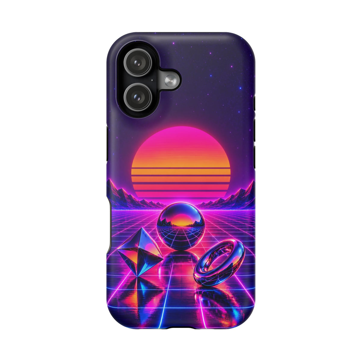 Impact-Resistant Phone Case – Neon Synthwave Sunset Geometric Design