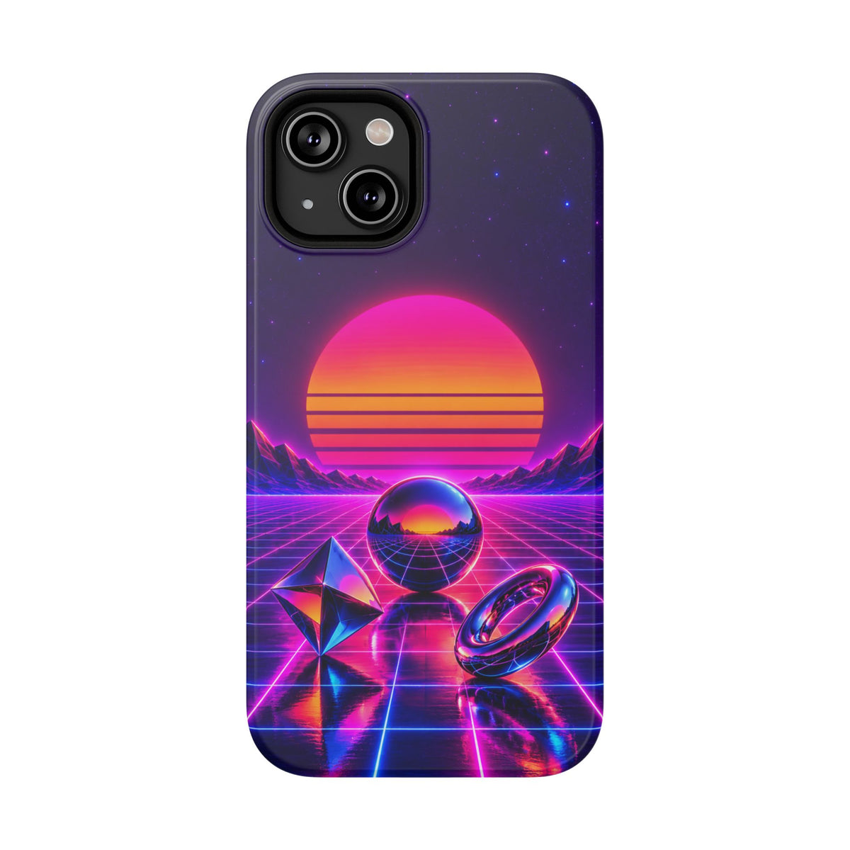 Impact-Resistant Phone Case – Neon Synthwave Sunset Geometric Design