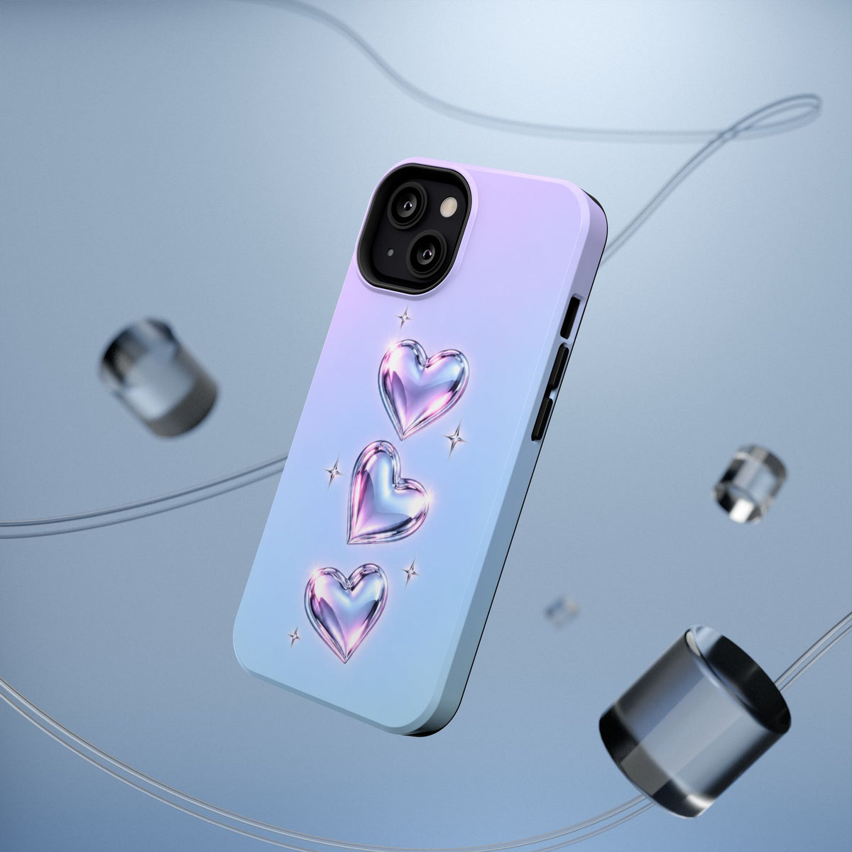 Impact-Resistant Phone Case with Iridescent Heart Design
