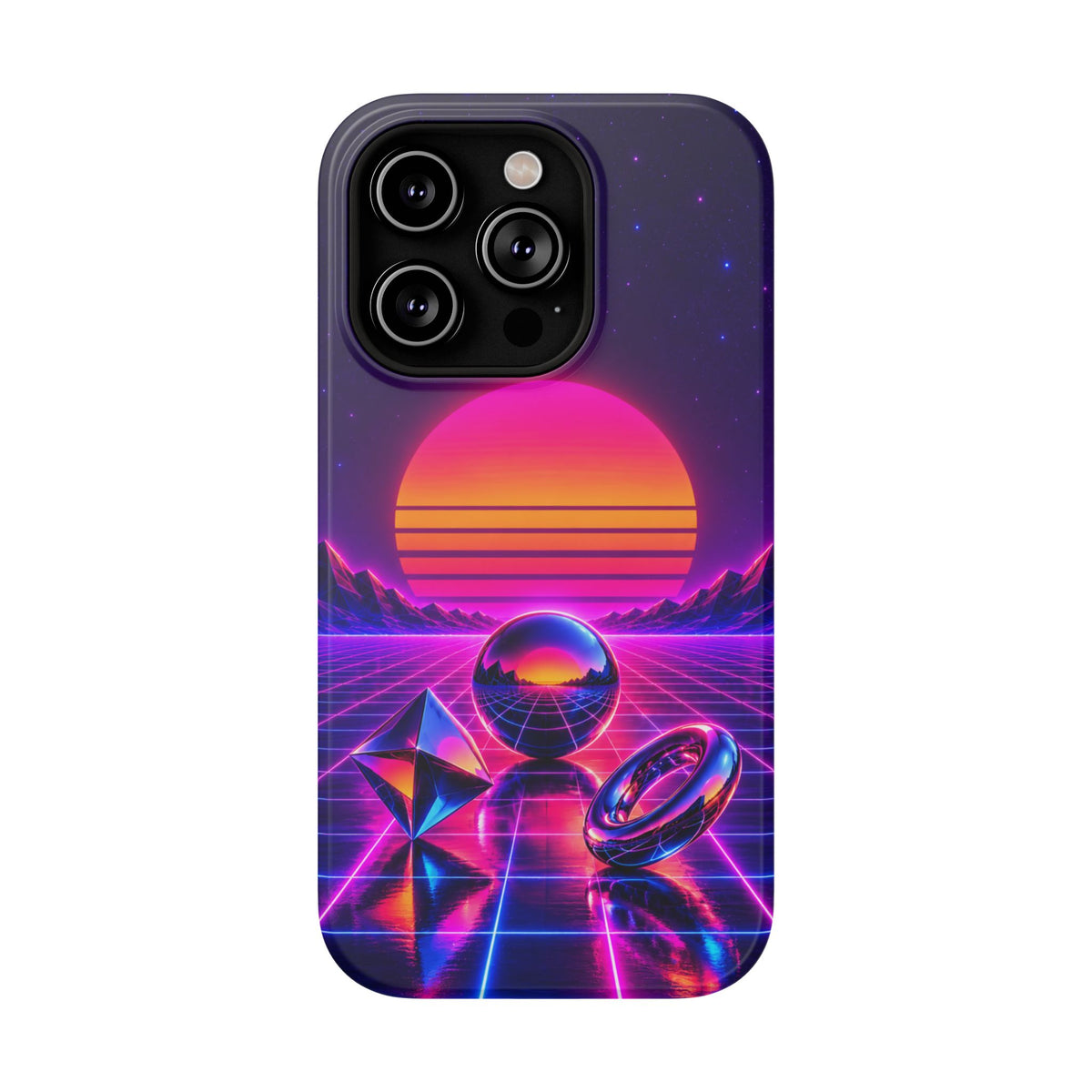 Impact-Resistant Phone Case – Neon Synthwave Sunset Geometric Design