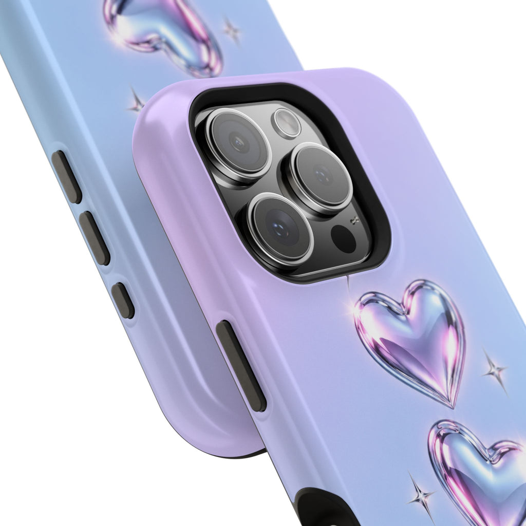 Impact-Resistant Phone Case with Iridescent Heart Design