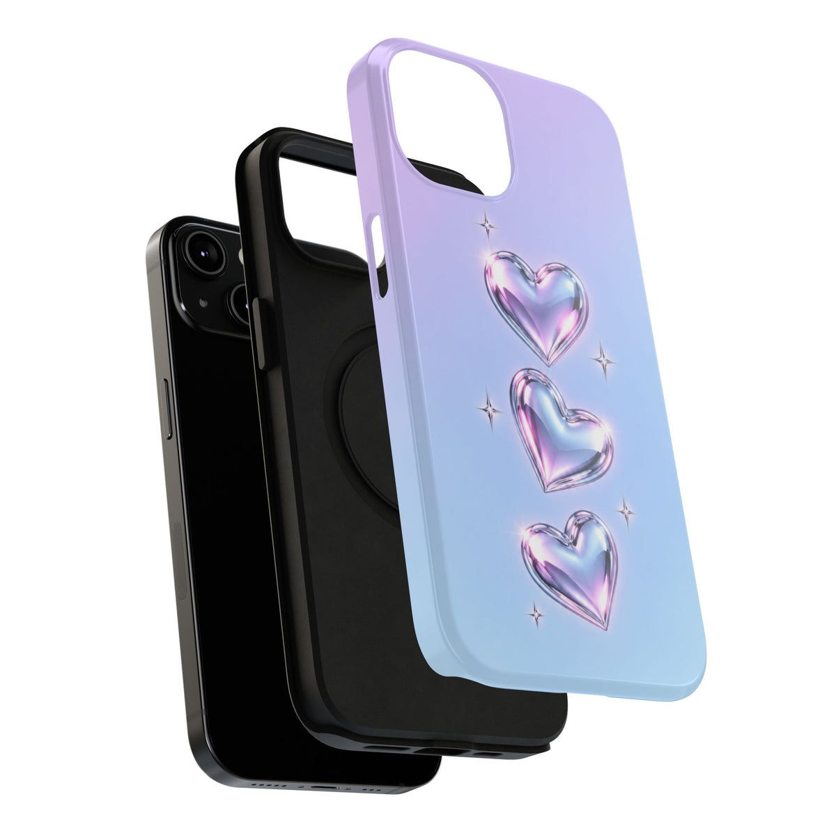 Impact-Resistant Phone Case with Iridescent Heart Design