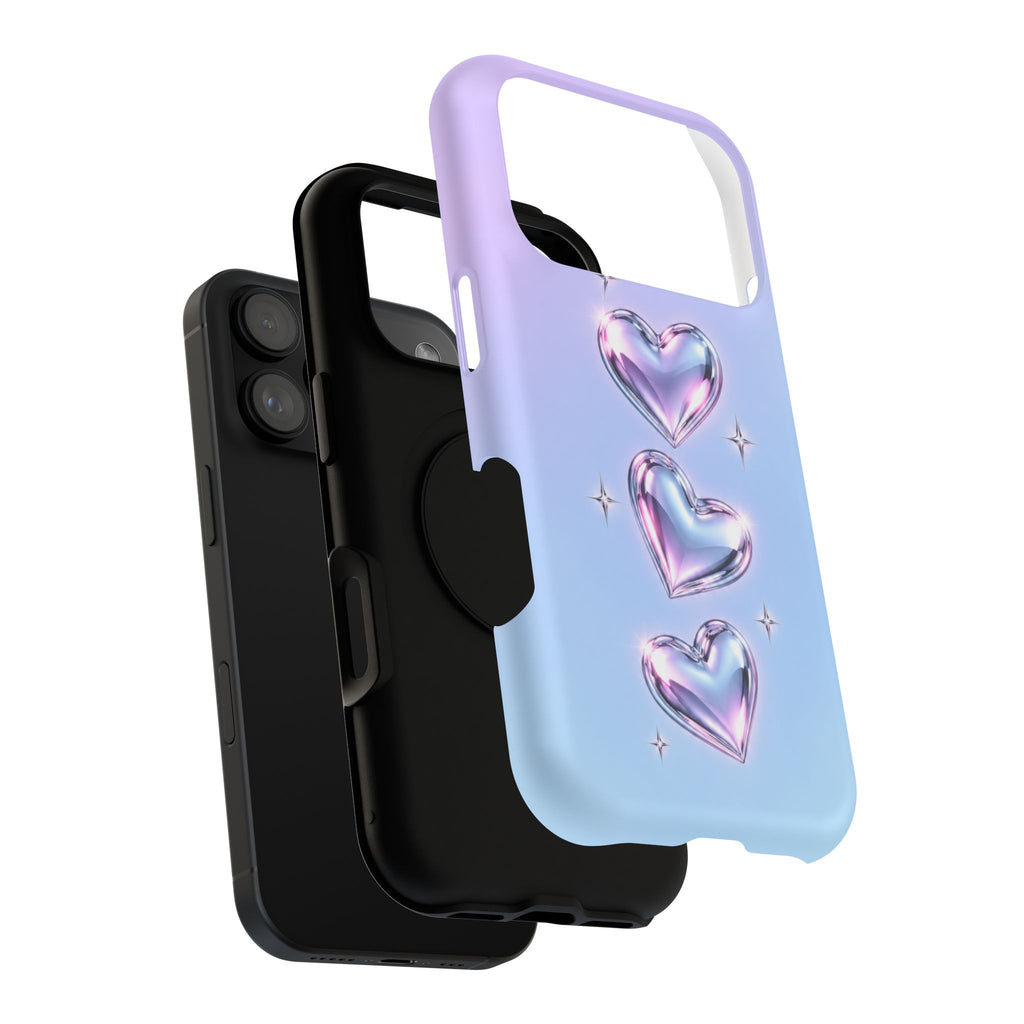 Impact-Resistant Phone Case with Iridescent Heart Design