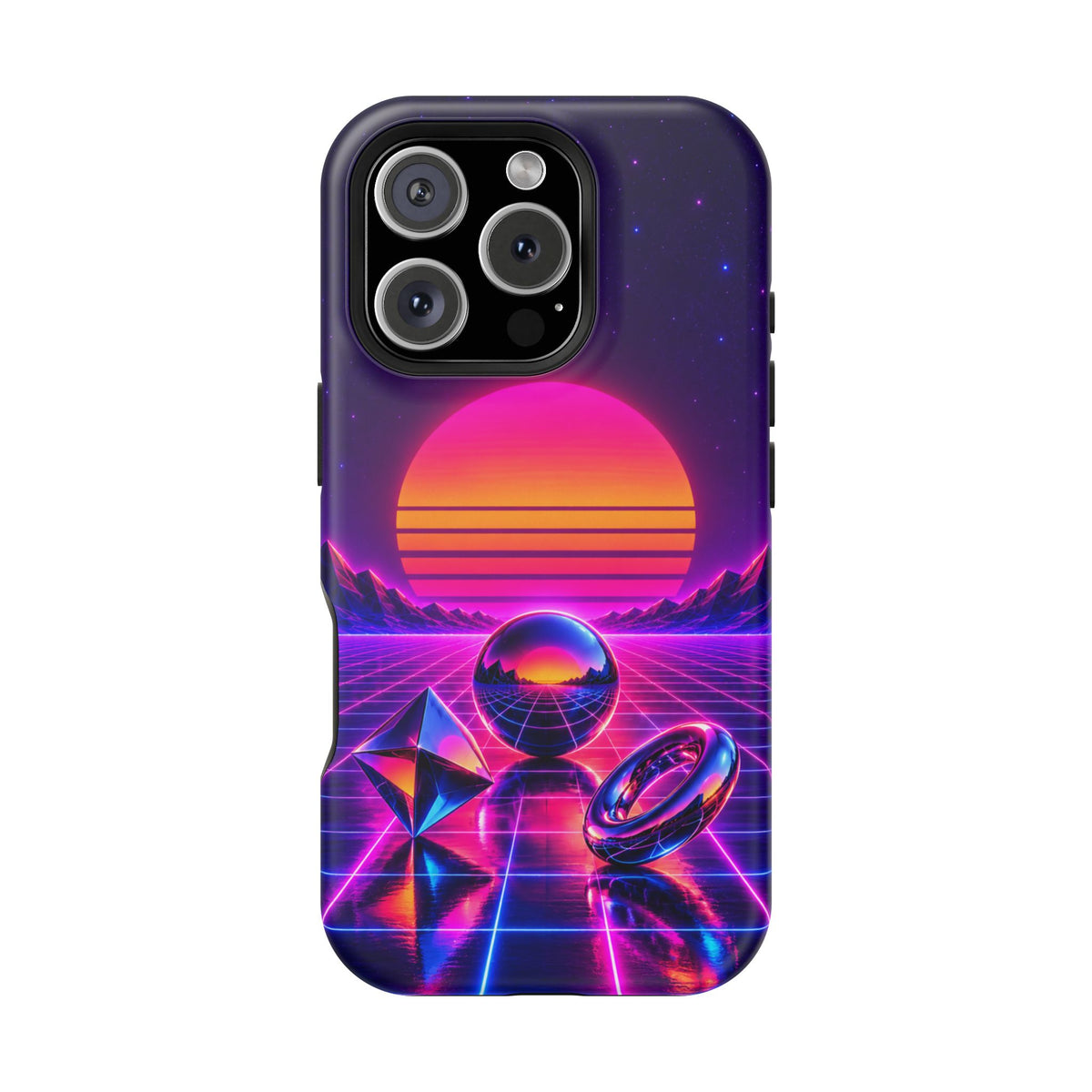 Impact-Resistant Phone Case – Neon Synthwave Sunset Geometric Design