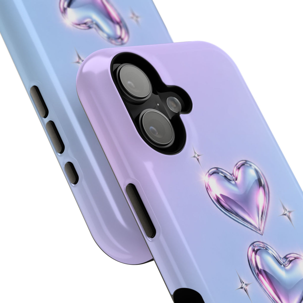 Impact-Resistant Phone Case with Iridescent Heart Design
